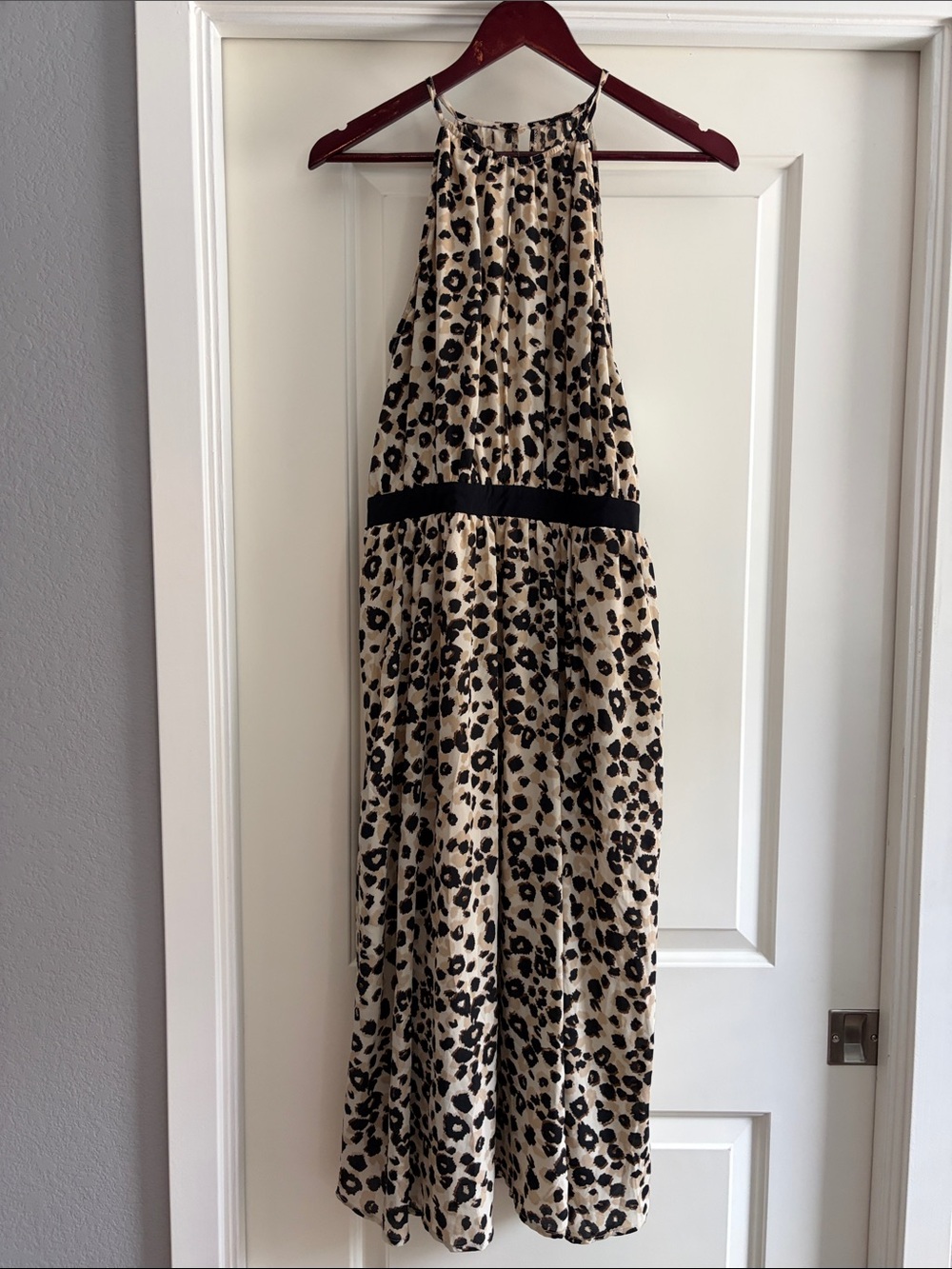 JustFab Beige and Black Leopard Halter Maxi Dress